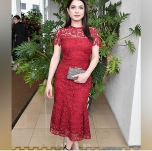 Shoshanna Red -Tonal Lace Mide Dress Flutter Hem